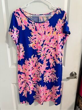 Lilly Pulitzer Sz L Bright Blue Marlow Dress with Pink Coral Print 100% Cotton